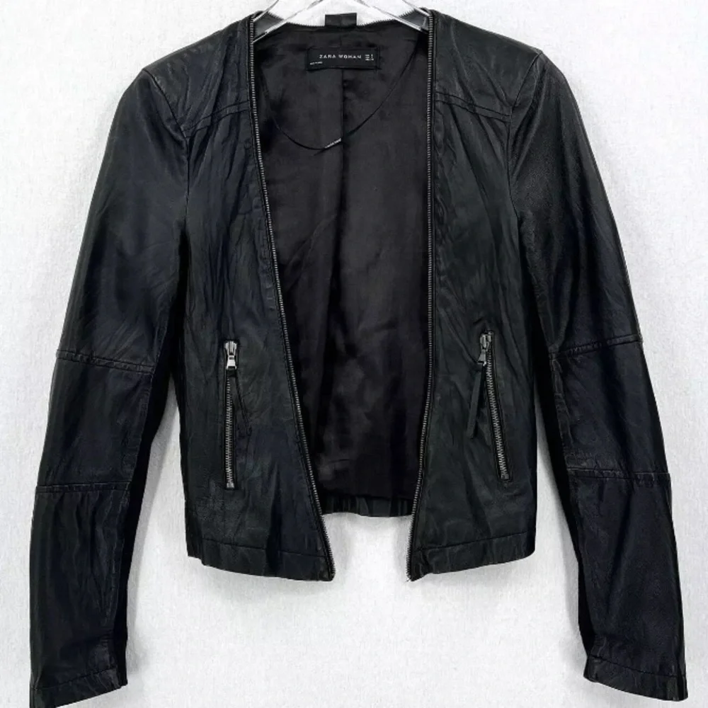 Zara Woman Black Sheep Leather Motorcycle Jacket with Removable Neck Shawl - Picture 3 of 7